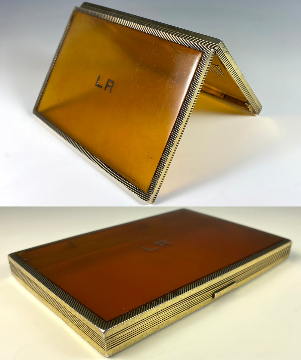 Fine Antique French MORABITO Blond Tortoise Shell Cigarette Case, Card Case, 18k Monogram, Sterling Silver Vermeil