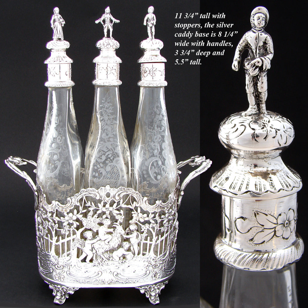 Magnificent Antique Continental Silver & Intaglio Etched Liqueur or Cruet Stand