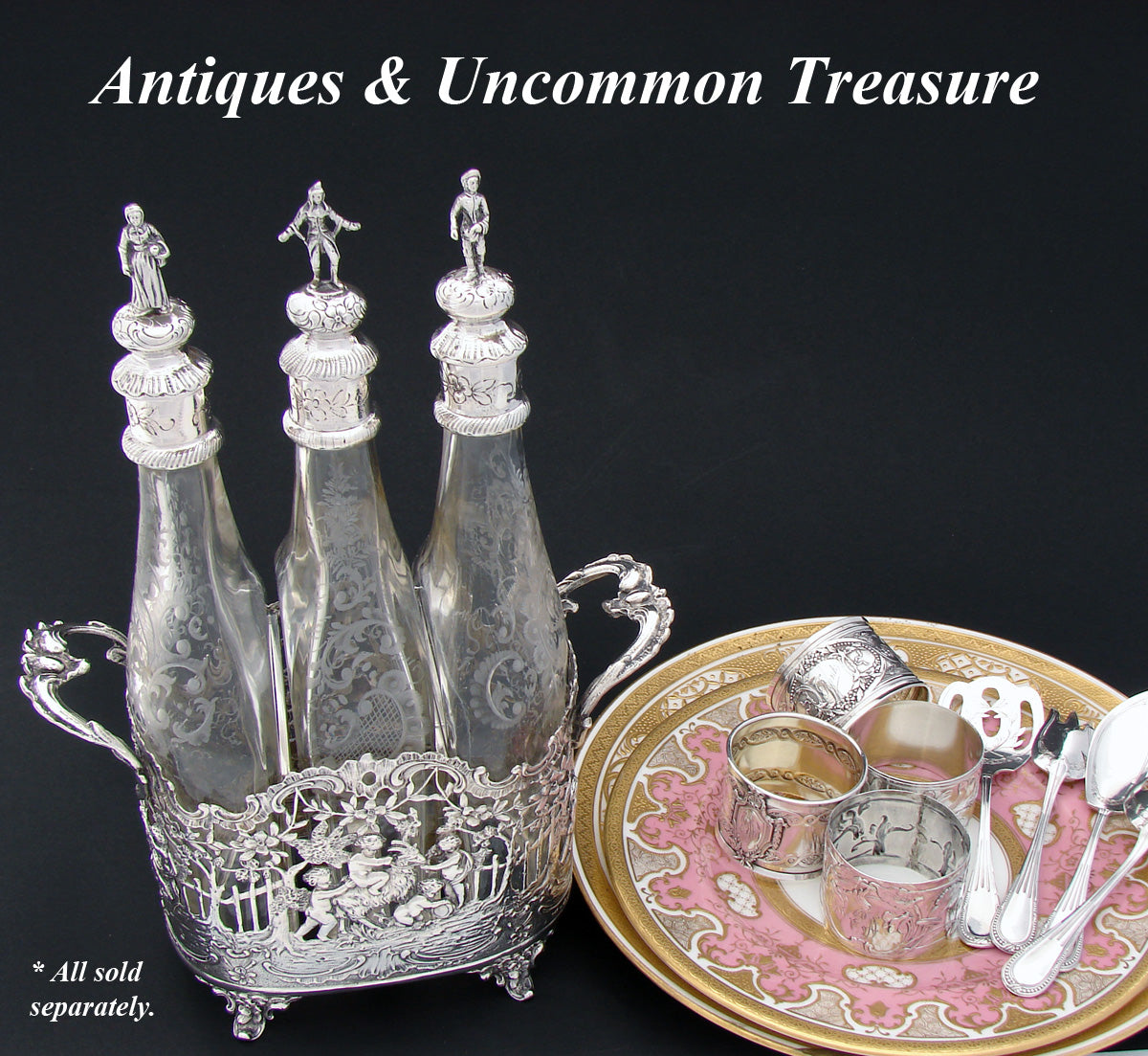 Magnificent Antique Continental Silver & Intaglio Etched Liqueur or Cruet Stand