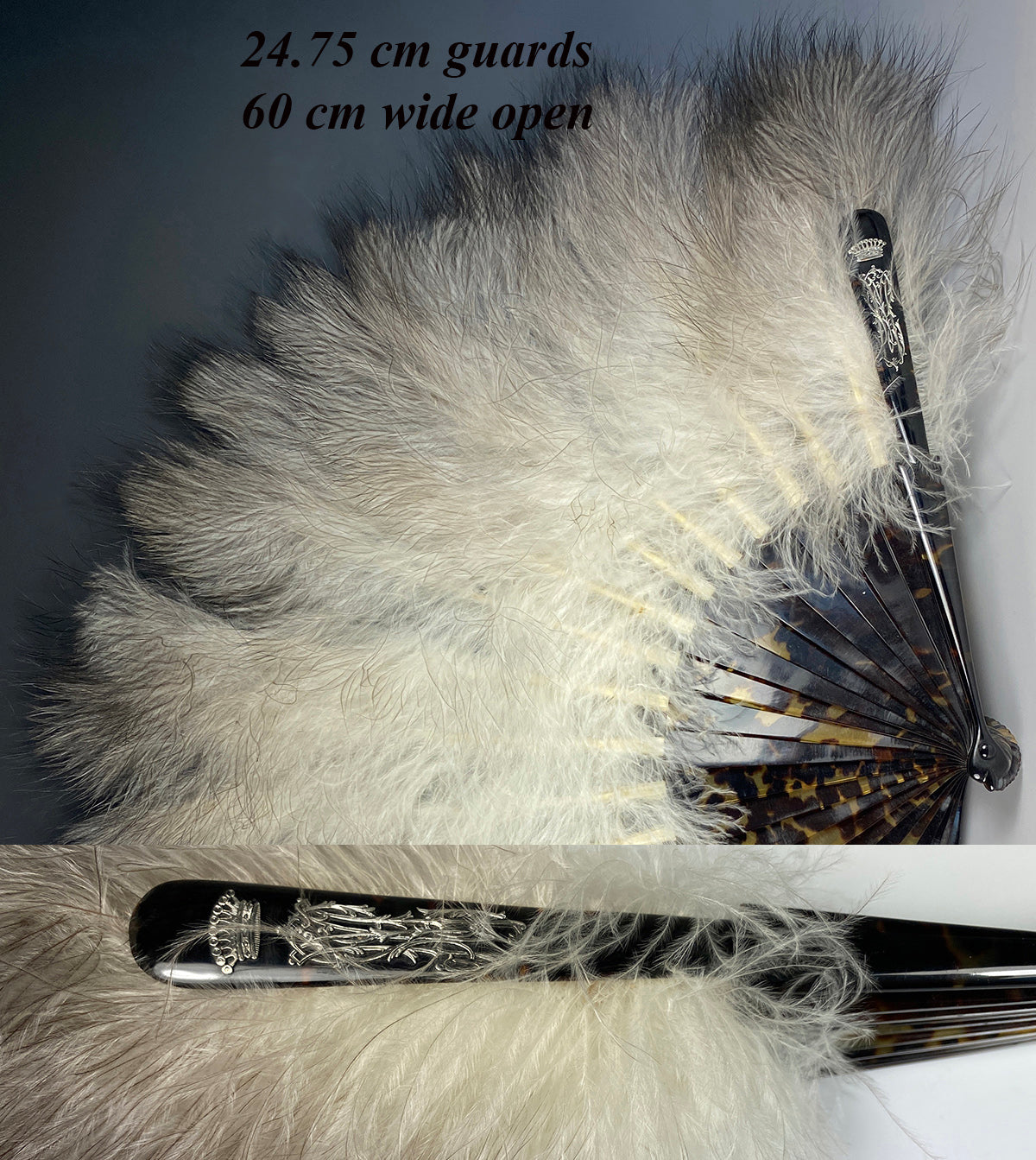 Antique c.1900 French Ostrich Feather and Tortoise Shell Hand Fan, Silver Crown Monogram, in Box Nina Ricci