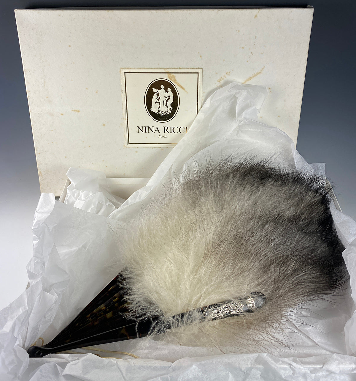 Antique c.1900 French Ostrich Feather and Tortoise Shell Hand Fan, Silver Crown Monogram, in Box Nina Ricci