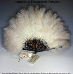 Antique c.1900 French Ostrich Feather and Tortoise Shell Hand Fan, Silver Crown Monogram, in Box Nina Ricci