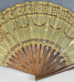 Antique French Empire or 2nd Empire Sequin and Silk Hand Fan, Pique Monture in Wood