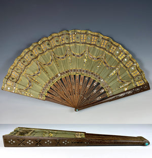 Antique French Empire or 2nd Empire Sequin and Silk Hand Fan, Pique Monture in Wood