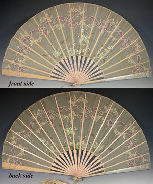 Antique French Painted Embroidered Silk Fan, 35.5 cm Wood Guards, Silver Embossed, Lace Inset & Sequins