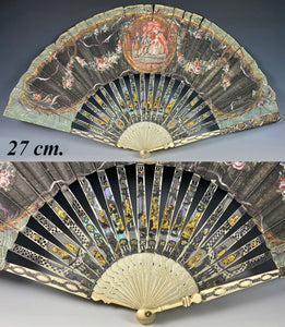 Stunning 18th Century French Bone Hand Fan, Carved Figural, Gold Silver Foil, Hand Painted, Artist Signed