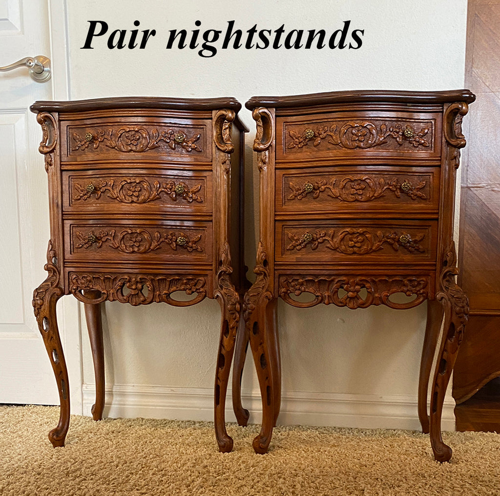 Vintage Pair of Side Tables, Night Stands, Hand Carved French Country Chests, (2) 29" Tall