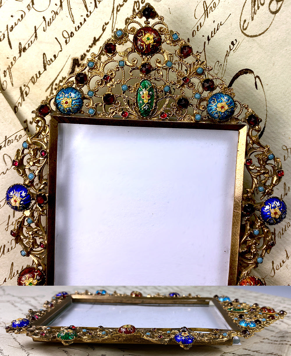 Antique French Jeweled and Kiln-fired Bressan Enamel Easel Frame, c.1860s Carte-de-visite Photo Frame