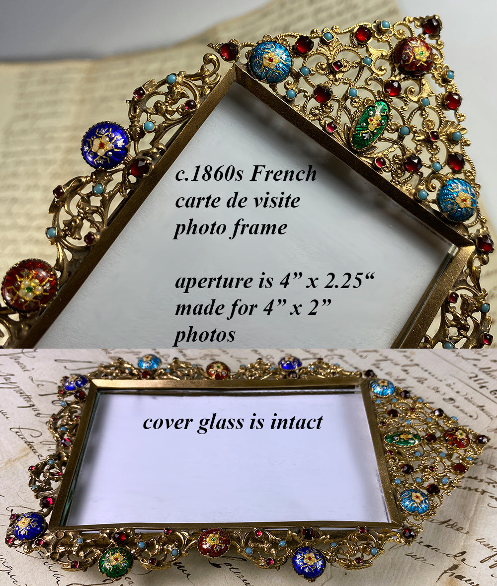 Antique French Jeweled and Kiln-fired Bressan Enamel Easel Frame, c.1860s Carte-de-visite Photo Frame