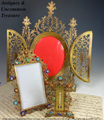 Superb Antique French Easel Frame, 10.5" Tall w Locket Doors, Bright Dore Heavy Brass, Cutaway