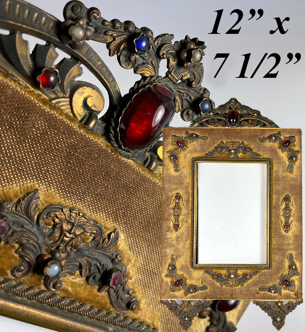 Antique 12" tall Jeweled Photo Frame, French or Bohemian, Figural Ormolu Applique and Gems