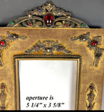 Antique 12" tall Jeweled Photo Frame, French or Bohemian, Figural Ormolu Applique and Gems