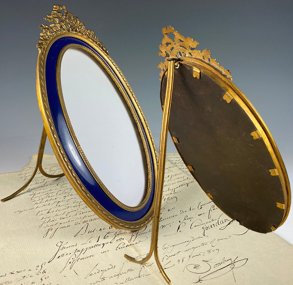 Fine Antique Oval Bow Top 7 1/4" Tall Frame with Kiln-fired Enamel Mat, Dore Bronze