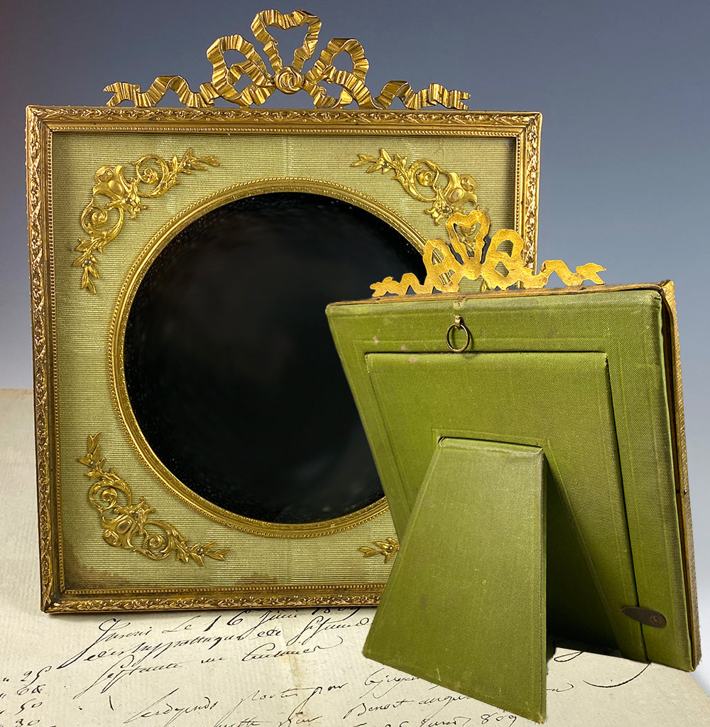 Antique French 2nd Empire Dore Bronze and Applique Photo or Portrait Miniature Frame, c.1870 Bow Top