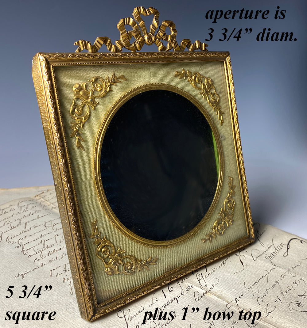 Antique French 2nd Empire Dore Bronze and Applique Photo or Portrait Miniature Frame, c.1870 Bow Top