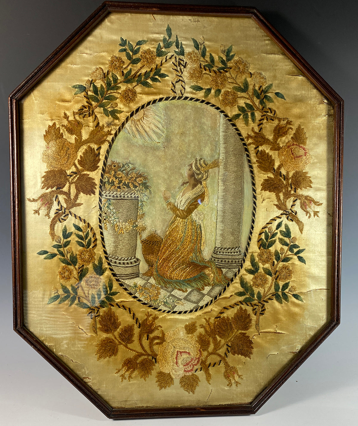 RARE! 1700s Georgian Era PAIR (2) Silk Embroidery Pole Screen Set, Figural and Floral, Chenille