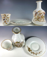 Fine Antique French Opaline Tumble Up, Bonne Nuit, Bedside Decanter, Plate, Cup, Jeweled