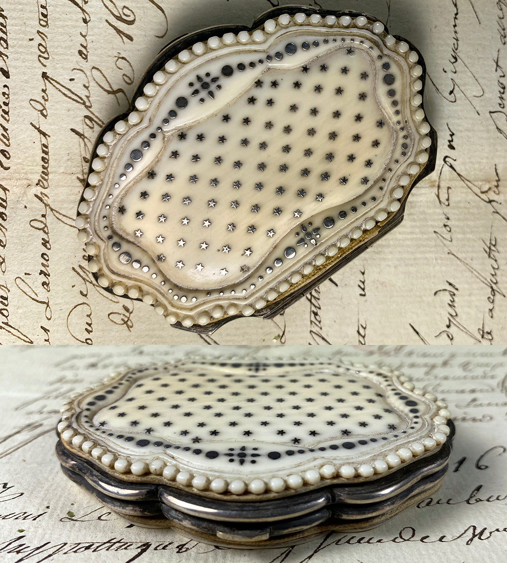 Antique French Dieppe Carved Ivory Coin Purse, Sterling Silver Pique Stars, Circles c. 1850-90