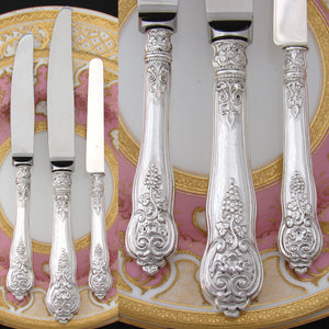 Antique French 16pc Sterling Silver Handled Table Knife Set, Ornate with Grapes Theme