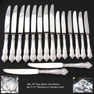 Antique French 16pc Sterling Silver Handled Table Knife Set, Ornate with Grapes Theme