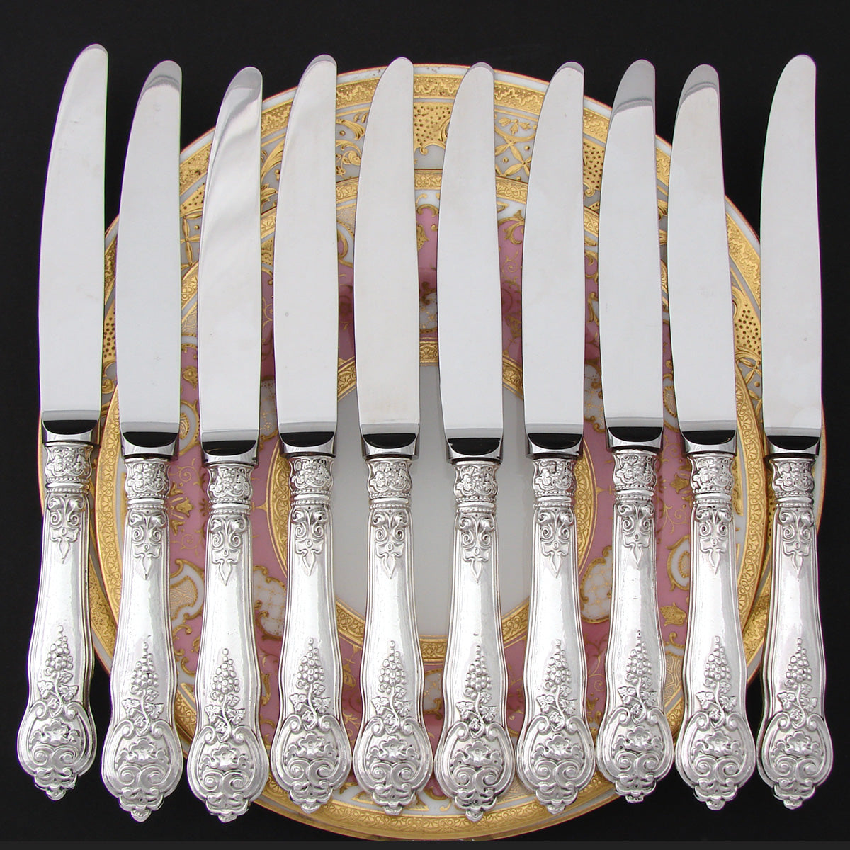 Antique French 16pc Sterling Silver Handled Table Knife Set, Ornate with Grapes Theme