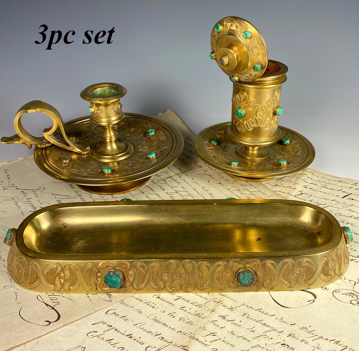 Fine Antique French Dore Bronze Desk Set, Malachite Gems, Inkwell, Candle Holder, Pen Tray