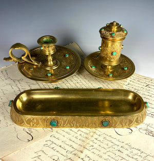 Fine Antique French Dore Bronze Desk Set, Malachite Gems, Inkwell, Candle Holder, Pen Tray