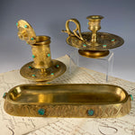 Fine Antique French Dore Bronze Desk Set, Malachite Gems, Inkwell, Candle Holder, Pen Tray