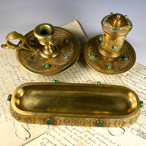 Fine Antique French Dore Bronze Desk Set, Malachite Gems, Inkwell, Candle Holder, Pen Tray