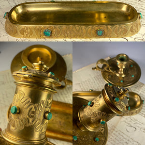 Fine Antique French Dore Bronze Desk Set, Malachite Gems, Inkwell, Candle Holder, Pen Tray