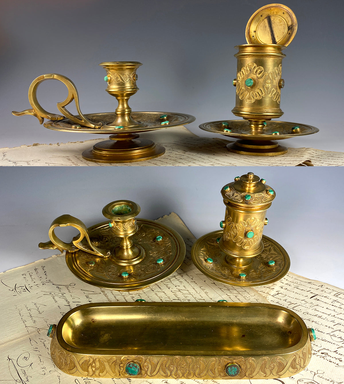 Fine Antique French Dore Bronze Desk Set, Malachite Gems, Inkwell, Candle Holder, Pen Tray