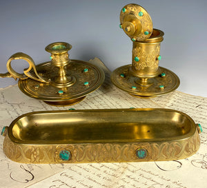 Fine Antique French Dore Bronze Desk Set, Malachite Gems, Inkwell, Candle Holder, Pen Tray