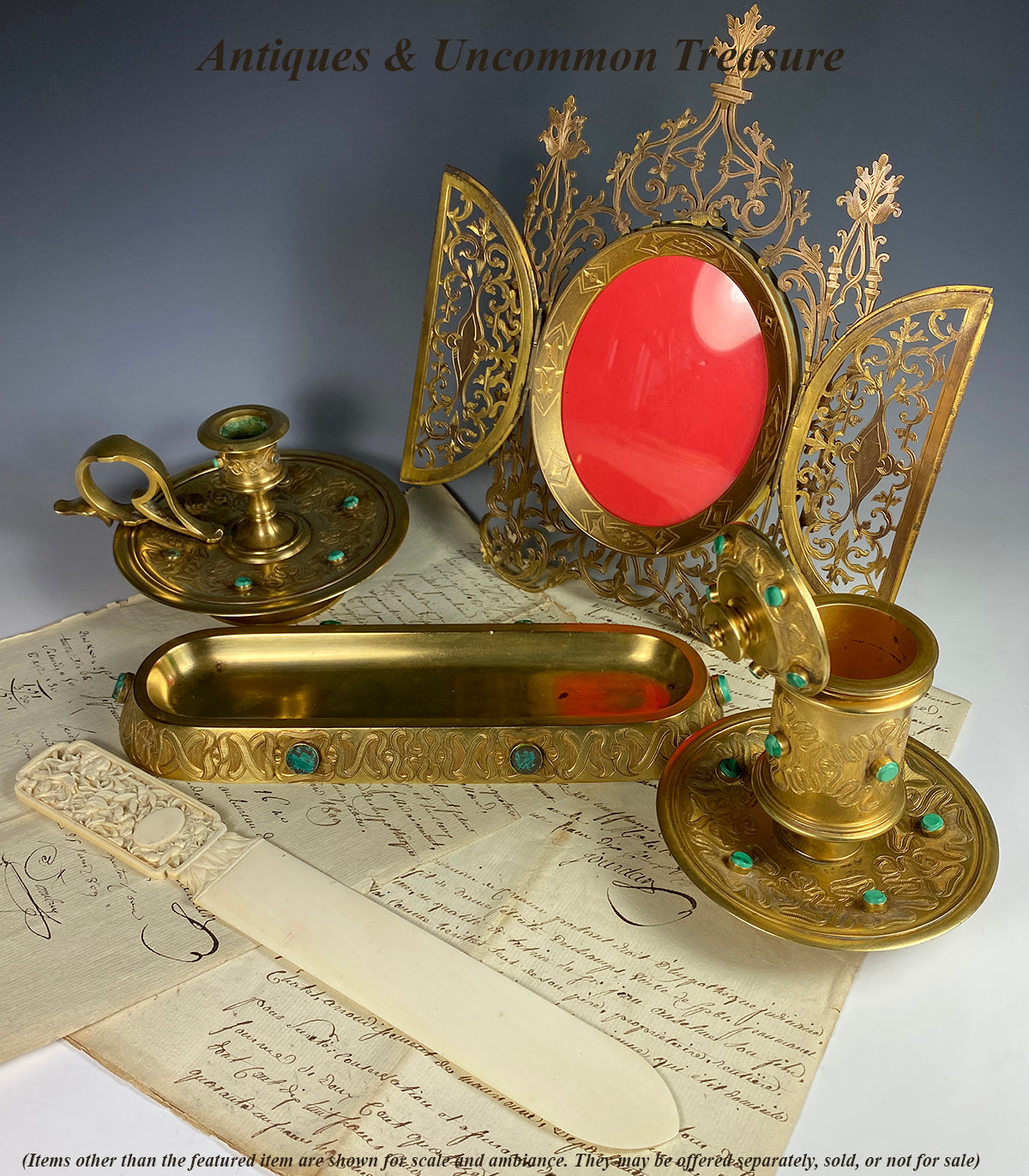 Fine Antique French Dore Bronze Desk Set, Malachite Gems, Inkwell, Candle Holder, Pen Tray