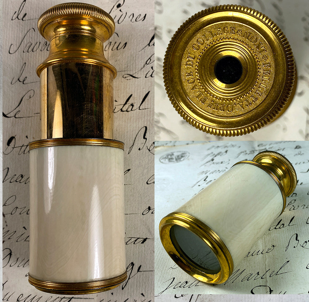 Beautiful Antique French Opera Glass, Telescope, 1-draw Ivory Case, Barrell 4 3/4"
