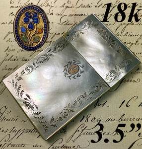 Antique c.1800 French Palais Royal Card Case, 18k Gold Plaque w Flowers on Mother of Pearl