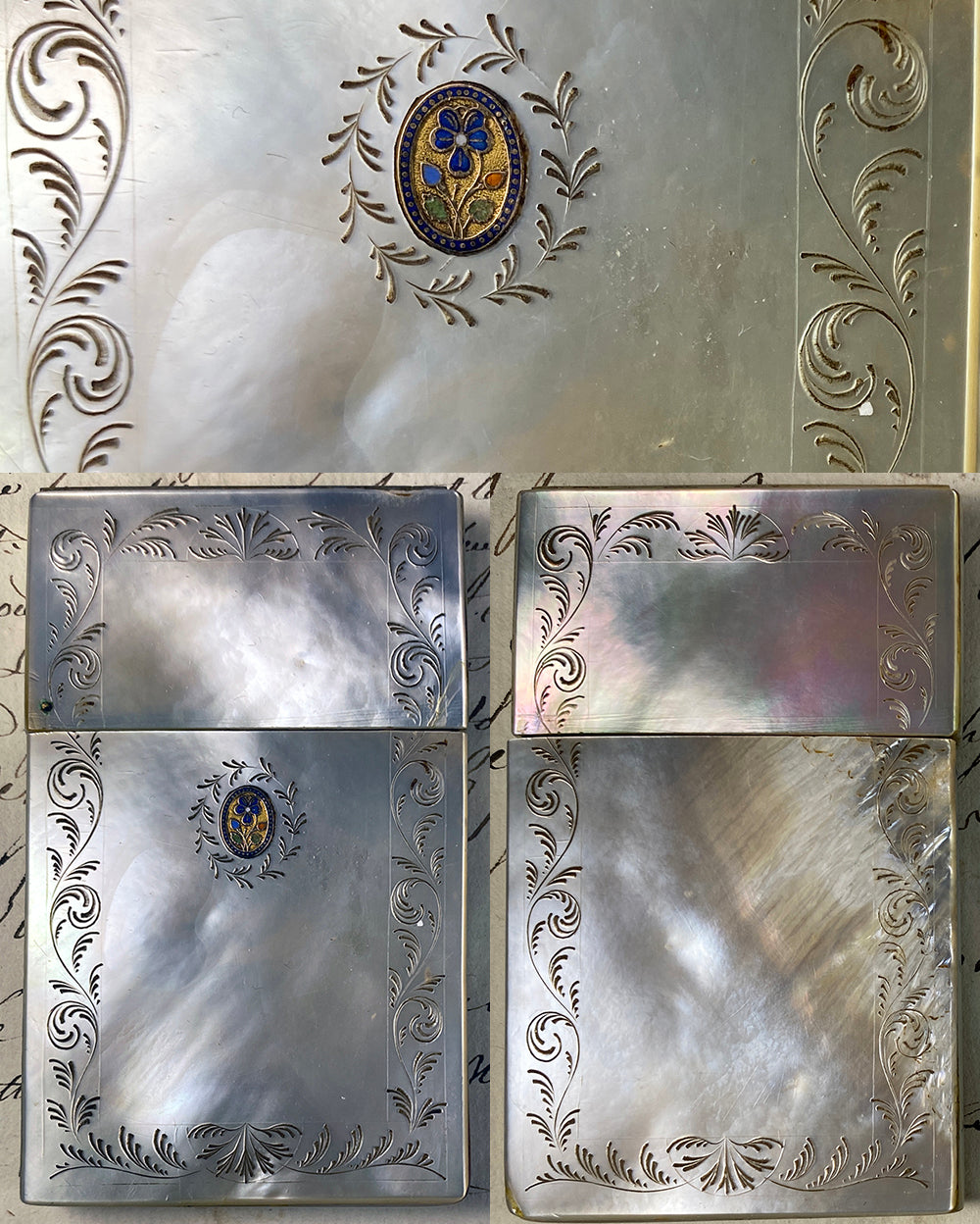 Antique c.1800 French Palais Royal Card Case, 18k Gold Plaque w Flowers on Mother of Pearl