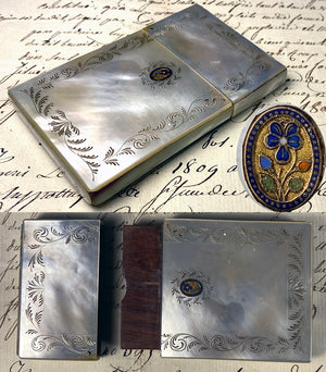 Antique c.1800 French Palais Royal Card Case, 18k Gold Plaque w Flowers on Mother of Pearl