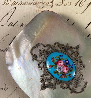 Antique French Kiln-fired Enamel, Silver, Mother of Pearl Coin Purse, Napoleon III (c.1850-70)