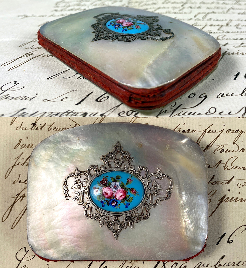 Antique French Kiln-fired Enamel, Silver, Mother of Pearl Coin Purse, Napoleon III (c.1850-70)