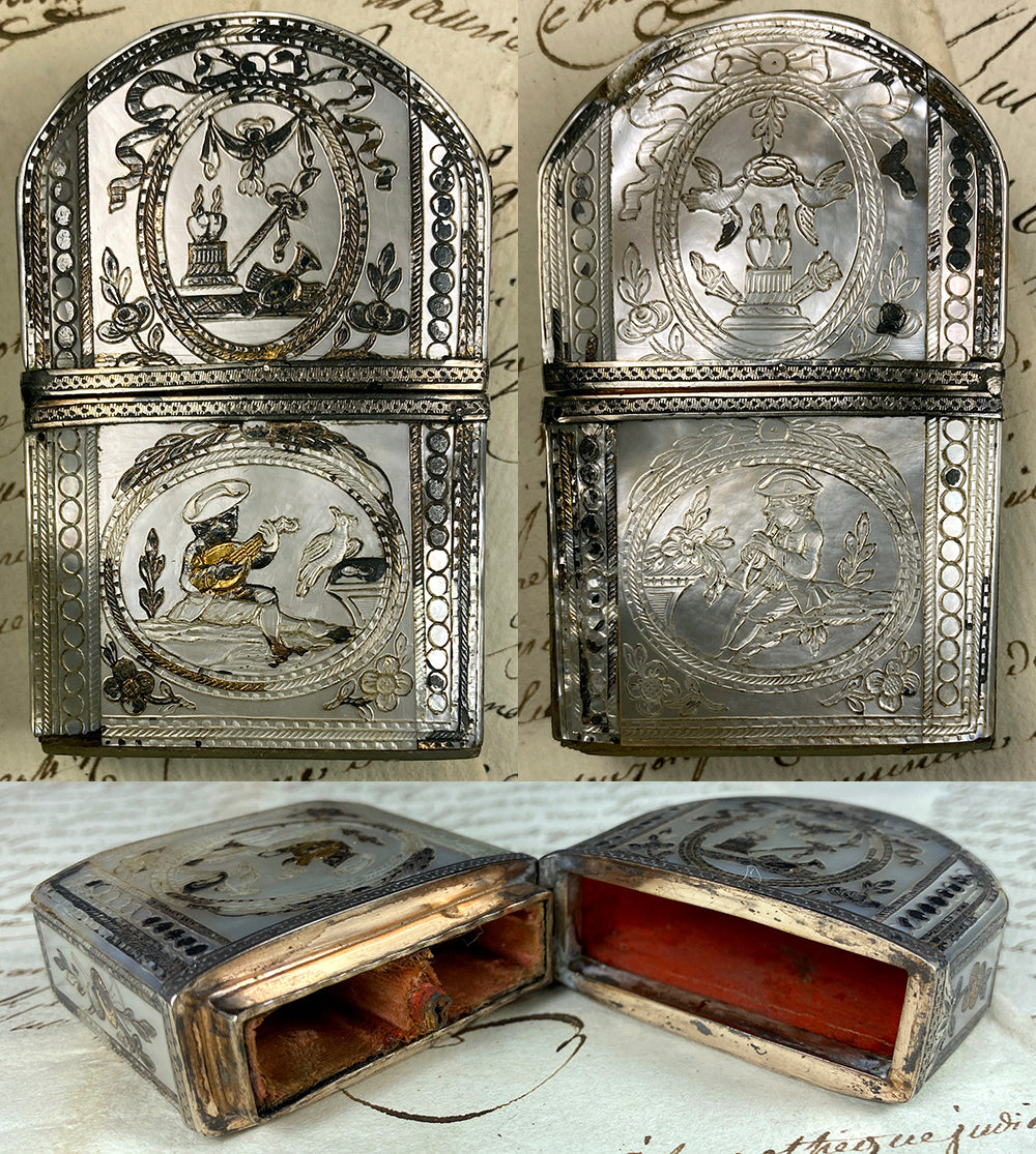 Antique French Mother of Pearl Scent or Perfume Etui, Case, Caddy, c.1750s, Foil in Gold, Silver