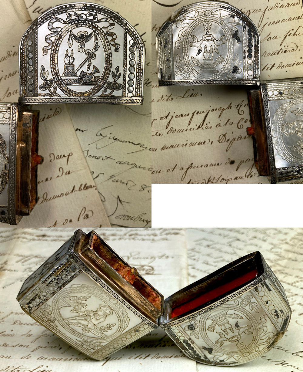 Antique French Mother of Pearl Scent or Perfume Etui, Case, Caddy, c.1750s, Foil in Gold, Silver
