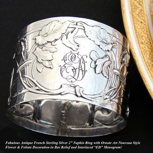 Lovely Antique French Art Nouveau Sterling Silver Napkin Ring, Sinuous Floral Decoration