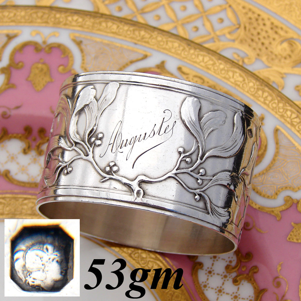 Lovely Antique French Art Nouveau Sterling Silver Napkin Ring, Sinuous Floral Decoration