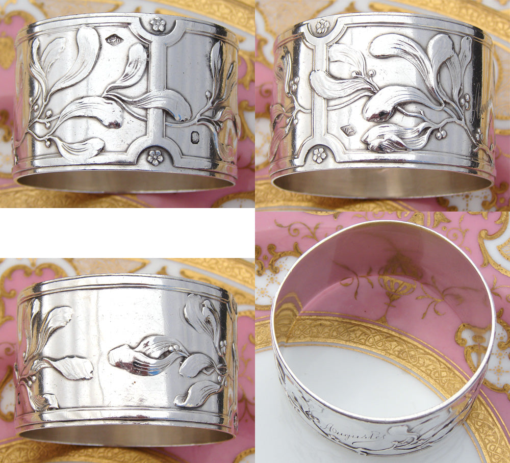 Lovely Antique French Art Nouveau Sterling Silver Napkin Ring, Sinuous Floral Decoration