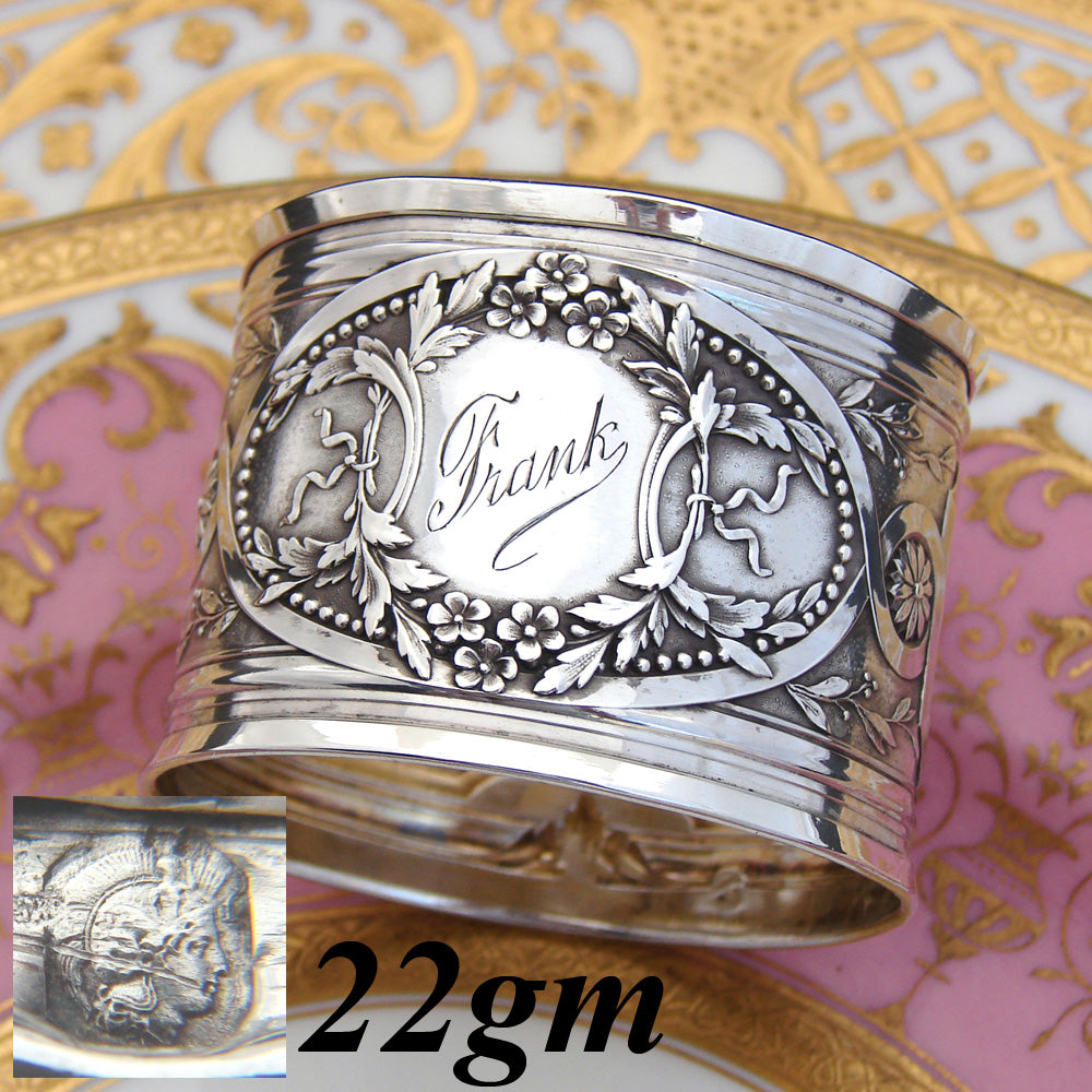 Antique French Sterling Silver Napkin Ring, Ornate Floral & Foliage Decoration, "Frank" Inscription