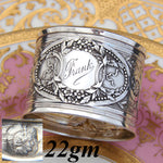 Antique French Sterling Silver Napkin Ring, Ornate Floral & Foliage Decoration, "Frank" Inscription