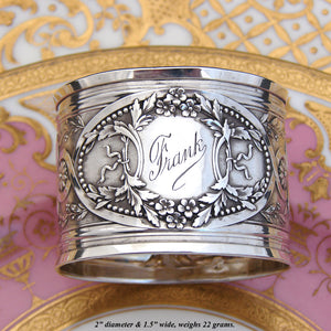 Antique French Sterling Silver Napkin Ring, Ornate Floral & Foliage Decoration, "Frank" Inscription