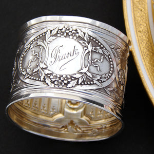 Antique French Sterling Silver Napkin Ring, Ornate Floral & Foliage Decoration, "Frank" Inscription