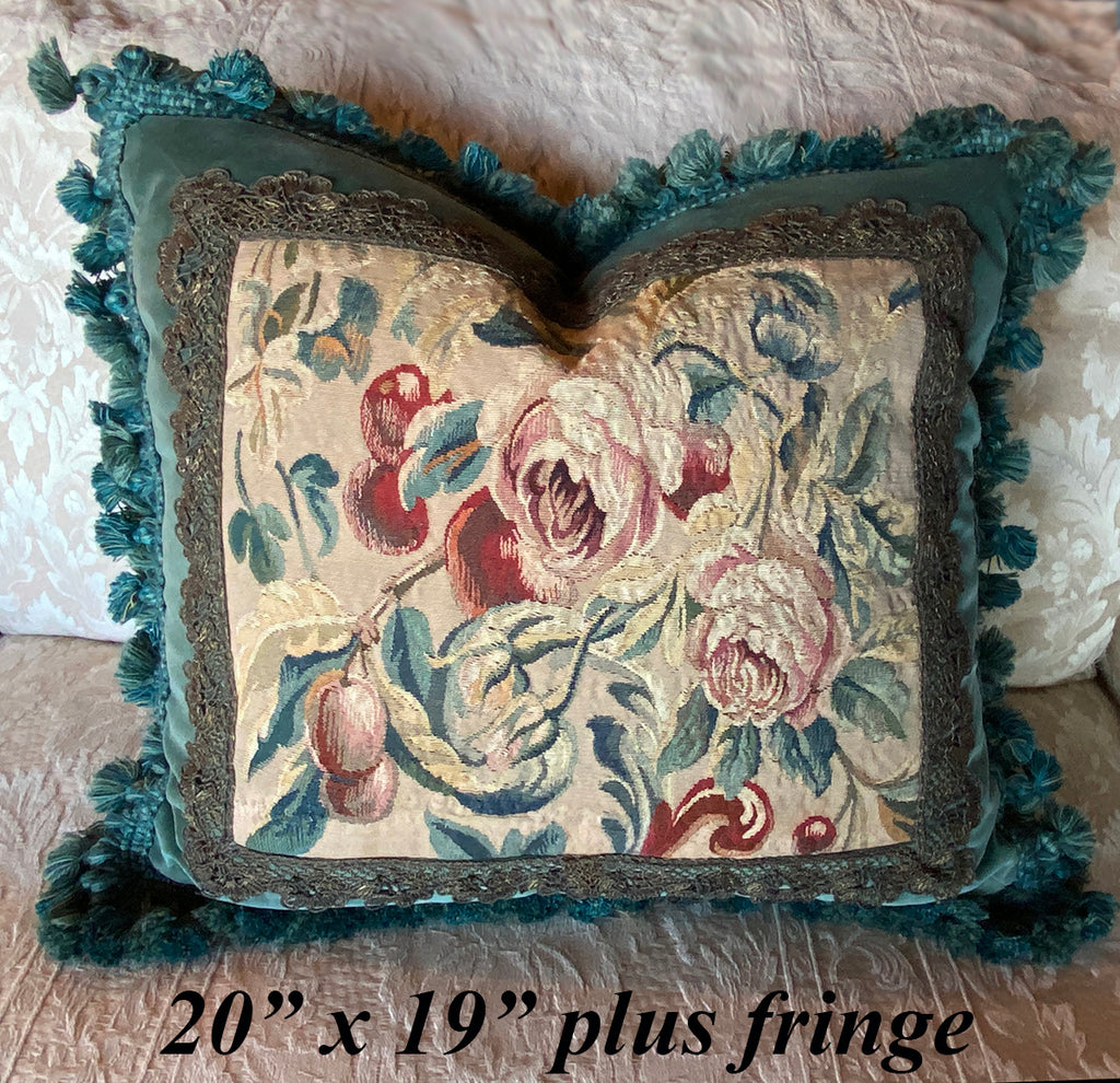 Superb 20" x 19" Throw Pillow, Antique French Aubusson Tapestry Fragment, Metallic Trim, Fringe