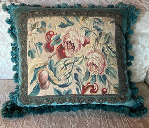 Superb 20" x 19" Throw Pillow, Antique French Aubusson Tapestry Fragment, Metallic Trim, Fringe